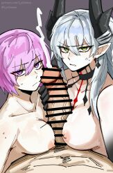 ai-assisted anger_vein bar_censor black_choker black_horns breasts censored choker cooperative_paizuri cum earrings ejaculation fate/grand_order fate_(series) green_eyes horns jewelry large_breasts large_penis lilith_(fate) ljedamos mash_kyrielight nude paizuri penis pink_hair purple_eyes sweat tagme teamwork_(sexual) white_hair