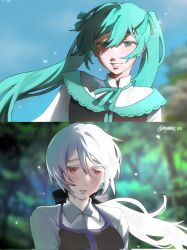 Rule 34 | 2girls, aqua eyes, aqua hair, clarith, colored eyelashes, commentary, english commentary, evillious nendaiki, floating hair, grin, hatsune miku, highres, long hair, looking at viewer, michaela (evillious nendaiki), multiple girls, nyankoo 33, parted lips, ponytail, red eyes, smile, split screen, twintails, twitter username, vocaloid, white hair, yowane haku