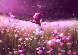 1boy absurdres alternate_universe antenna_hair backlighting bandana bandana_around_neck black_bandana black_hair black_shirt boots child chinese_commentary closed_mouth commentary_request covered_eyes field flower flower_field frisk_(undertale) from_side full_body gold_necklace hair_over_eyes heart heart_necklace highres holding holding_flower jewelry layered_sleeves light_particles long_sleeves male_focus necklace nishinianshaodehuanxi137 on_grass outdoors pink_flower pink_petals profile purple_sky roman_numeral shirt short_over_long_sleeves short_sleeves shorts sky socks solo standing undertale white_shirt xtale