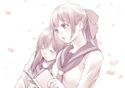2girls blush book bow cherry_blossoms closed_eyes hair_bow highres leaning_on_person long_hair macosee monochrome multiple_girls open_mouth original ponytail reading school_uniform serafuku upper_body yuri