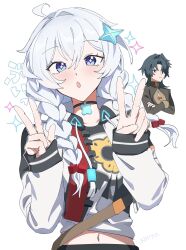 Rule 34 | 1boy, 1girl, :o, ahoge, black hair, black jacket, blade (honkai: star rail), blue eyes, braid, choker, closed mouth, crossed arms, diamond-shaped pupils, diamond (shape), double v, hair between eyes, hair ornament, highres, honkai: nexus anima, honkai (series), jacket, kiana kaslana, kiana kaslana (honkai: nexus anima), long hair, long sleeves, looking at viewer, navel, open mouth, shirt, simple background, star (symbol), symbol-shaped pupils, twin braids, uehara suiyo, v, white background, white hair