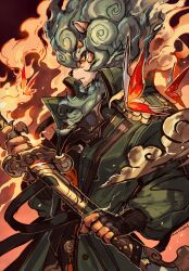 1boy artist_name blue_pupils body_fur bug butterfly claws closed_mouth coat collared_coat colored_sclera dislyte fire fu_shi_(suan_ni)_(dislyte) furry furry_male gradient_background green_coat green_fur green_hair hands_up high_collar highres holding holding_sword holding_weapon insect komainu komainu_boy komainu_ears long_sleeves looking_to_the_side male_focus orange_background orange_fur puffy_long_sleeves puffy_sleeves red_eyes sa-dui sheath sword unsheathing upper_body weapon yellow_sclera