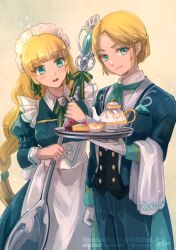 Rule 34 | 2girls, alternate costume, apron, ascot, blonde hair, blue dress, blue suit, blush, bow, braid, breasts, butler, cake, cake slice, closed mouth, collared shirt, cosplay, cup, dress, felix hugo fraldarius, felix hugo fraldarius (cosplay), felix hugo fraldarius (savant&#039;s service), fire emblem, fire emblem: genealogy of the holy war, fire emblem: thracia 776, fire emblem: three houses, fire emblem heroes, food, formal clothes, gloves, green eyes, headdress, highres, holding, holding staff, holding tray, ingrid brandl galatea, ingrid brandl galatea (cordial teatime), long hair, long sleeves, looking at viewer, maid, maid apron, maid headdress, medium breasts, multiple girls, nanna (cordial teatime) (fire emblem), nanna (fire emblem), nintendo, official alternate costume, open mouth, pants, pastry, sanami, shirt, short hair, smile, staff, suit, teacup, teapot, tray, vest, white apron, white gloves, white shirt