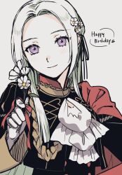1girl blush breasts cape closed_eyes closed_mouth edelgard_von_hresvelg fire_emblem fire_emblem:_three_houses flower garreg_mach_monastery_uniform gloves hair_flower hair_ornament hair_ribbon happy_birthday highres long_hair long_sleeves looking_at_viewer nintendo purple_eyes red_cape ribbon shamu_(peach11_01) side_cape simple_background smile solo upper_body white_gloves white_hair