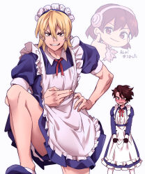 1girl 2boys absurdres apron black_gloves blonde_hair blue_shirt blue_skirt blush brown_eyes brown_hair crossdressing dr._stone embarrassed full-face_blush gloves grin hand_on_own_hip highres izumi_whale looking_at_viewer maid_headdress miniskirt multiple_boys nanami_ryuusui nanami_sai neck_ribbon ogawa_yuzuriha open_mouth red_ribbon ribbon shirt short_hair short_sleeves skirt smile thumbs_up v-shaped_eyebrows wavy_mouth white_apron white_background