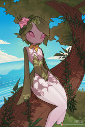 1girl absurdres areola_slip arms_at_sides bare_shoulders blue_sky blush breasts cameltoe cloud collarbone colored_sclera colored_skin dappled_sunlight day female_focus flower green_hair green_leotard green_skin hair_flower hair_ornament highres hisuian_lilligant horizon in_tree legs leotard looking_at_viewer medium_breasts monster_girl multicolored_skin nintendo nipple_slip nipples no_mouth outdoors pink_eyes pink_flower pink_sclera plant plant_girl pokemon pokemon_(creature) shiny_skin short_hair sidelocks sitting sky solo sphenodaile strapless strapless_leotard sunlight thick_thighs thighs tree two-tone_skin vines white_skin
