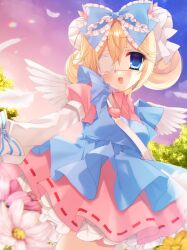 1girl 2000s_(style) absurdres apron bell blonde_hair blue_apron blue_bow blue_eyes borrowed_character bow commentary commission cutesu_(cutesuu) double_bun dress eyepatch flower frilled_bow frills hair_bell hair_bow hair_bun hair_ornament highres imw_00 jingle_bell layered_sleeves lolita_fashion long_sleeves medical_eyepatch open_mouth original outdoors pink_dress ribbon-trimmed_dress ribbon_trim short_over_long_sleeves short_sleeves skeb_commission sleeves_past_fingers sleeves_past_wrists smile solo sunset sweet_lolita white_wings wings