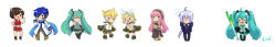 Rule 34 | 2boys, 5girls, ahoge, black boots, black eyes, black shorts, black skirt, blue eyes, blue hair, blue necktie, blush, boots, bow, brown hair, brown pants, chibi, chibi only, closed mouth, coat, commentary request, crodire, flying sweatdrops, full body, grey hair, grey shirt, hair bow, hair ornament, hatsune miku, headset, highres, kagamine len, kagamine rin, kaito (vocaloid), long hair, long image, megurine luka, meiko (vocaloid), multiple boys, multiple girls, necktie, open mouth, pants, pink hair, red shirt, red skirt, shirt, shorts, simple background, skirt, skirt set, sleeveless, sleeveless shirt, smile, solid circle eyes, spring onion, thigh boots, twintails, vocaloid, white background, white bow, white coat, white eyes, white shirt, wide image, yowane haku