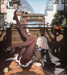 1girl absurdres ahoge animal animal_on_head architecture bird bird_on_head black_pantyhose black_shirt black_shoes breasts commentary commentary_request copyright_logo east_asian_architecture english_commentary hair_intakes hair_ornament hairclip high_heels highres large_breasts legs_up long_hair long_sleeves looking_at_viewer official_alternate_costume on_floor on_head out_of_frame pantyhose partial_commentary rain_sama shadow shirt shoes single_shoe solo unworn_shoe white_hair yixuan_(trails_of_ink)_(zenless_zone_zero) yixuan_(zenless_zone_zero) zenless_zone_zero