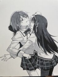 2girls absurdres akemi_homura bow bowtie greyscale grin hair_ribbon hairband highres long_hair mahou_shoujo_madoka_magica mahou_shoujo_madoka_magica_(anime) miki_sayaka mitakihara_school_uniform monochrome multiple_girls pantyhose plaid_clothes plaid_skirt pleated_skirt puffy_sleeves ribbon saya5939 school_uniform short_hair skirt smile traditional_media yuri