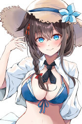 Rule 34 | 1girl, bikini, blue bikini, blue eyes, braid, breasts, brown hair, cleavage, dairyo3, flower, front-tie bikini top, front-tie top, hair between eyes, hair flaps, hat, hat flower, highres, kantai collection, long hair, medium breasts, navel, official alternate costume, shigure (kancolle), shigure kai san (kancolle), shigure kai san (swimsuit) (kancolle), shirt, single braid, solo, straw hat, swimsuit, upper body, white shirt