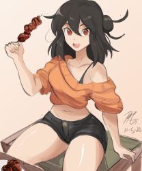 1girl black_hair black_shorts borrowed_character cowboy_shot dated food hair_between_eyes heart heart-shaped_pupils highres long_hair lucia_(scott_malin) midriff navel off-shoulder_sweater off_shoulder open_mouth orange_background orange_sweater original rakeemspoon red_eyes short_shorts shorts signature sitting skewer solo sweater symbol-shaped_pupils