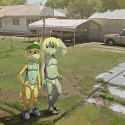 2boys apis backpack bag blonde_hair bulge day dunsparce elephant_boy furry gen_2_pokemon hand_on_own_hip hat highres male_focus male_underwear monster_boy multiple_boys nintendo nipples pectorals pokemon pokemon_(creature) shiny_skin shoes shota tail topless_male underwear vehicle