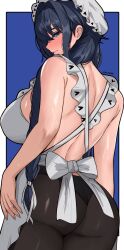 1girl absurdres alternate_costume alternate_hairstyle apron ass back black_hair black_panties black_pantyhose blue_background blue_eyes blush border braid breasts closed_mouth edmun6969 from_behind hair_over_shoulder highres hololive hololive_english large_breasts long_hair nearly_naked_apron ouro_kronii ouro_kronii_(maid) panties pantyhose single_braid solo underwear white_border