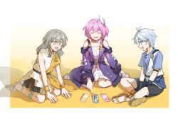 1boy 2girls black_shorts blue_eyes blue_shirt card chinese_commentary coat commentary_request cyrene_(honkai:_star_rail) dress eternity51568 grey_hair hair_ornament highres honkai:_star_rail honkai_(series) indian_style jewelry medium_hair multiple_girls necklace phainon_(a_dream_scented_in_wheat)_(honkai:_star_rail) phainon_(honkai:_star_rail) pink_hair purple_coat sandals shirt short_hair shorts sitting stelle_(honkai:_star_rail) tarot tarot_card toes trailblazer_(honkai:_star_rail) wariza white_dress white_hair yellow_eyes