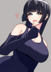 1girl aqua_eyes barbell_piercing bigthirteen0301 black_choker black_dress black_hair blunt_bangs blush bocchi_the_rock! breasts chin_piercing choker clothing_cutout colored_inner_hair detached_sleeves dress ear_piercing earclip earrings face_piercing finger_to_mouth goth_fashion grey_background heart highres hime_cut industrial_piercing jewelry labret_piercing large_breasts long_hair long_sleeves looking_at_viewer mouth_piercing multicolored_hair open_mouth pa-san piercing purple_hair shoulder_cutout simple_background sleeves_past_fingers sleeves_past_wrists smile solo straight_hair strapless strapless_dress two-tone_hair very_long_hair