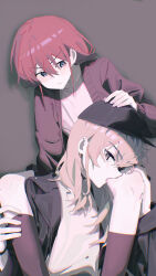 2girls absurdres between_legs biting_another&#039;s_leg black_jacket black_socks blue_eyes blush brown_cardigan brown_hair cardigan closed_mouth commentary english_commentary girls_band_cry grey_background grey_hair hair_between_eyes hand_on_another&#039;s_head highres iseri_nina jacket kawaragi_momoka kneehighs long_hair low_twintails multiple_girls open_cardigan open_clothes shirt short_hair short_twintails sidelocks simple_background socks twintails white_shirt ydpfa yuri