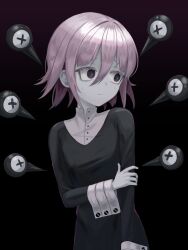 1other absurdres androgynous black_background black_dress crona_(soul_eater) dress frown hair_between_eyes highres kkamkkam long_sleeves looking_to_the_side nervous nervous_sweating pale_skin pink_hair purple_eyes short_hair solo soul_eater standing sweat upper_body white_sleeve_cuffs