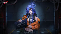 1girl :d abs against_wall belt belt_pouch black_belt black_choker black_eyeshadow black_headband blue_hair chain character_name choker copyright_name corso_(path_to_nowhere) cowboy_shot crop_top cropped_shirt dreadlocks eyeshadow fangs green_shorts hair_rings headband high_ponytail highres holding holding_sign indoors jacket logo long_hair makeup midriff mugshot navel official_art official_wallpaper open_mouth orange_jacket partially_unzipped path_to_nowhere ponytail pouch prison_cell prison_clothes purple_eyes purple_lips runny_makeup scar scar_on_face scar_on_stomach shirt shorts sign single_bare_shoulder single_off_shoulder sleeveless sleeveless_shirt smile solo teeth toned toned_female unzipping utility_belt white_shirt