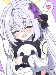 1girl absurdres angel_wings azusa_(blue_archive) black_sailor_collar blue_archive blush closed_eyes commentary feathered_wings flower hair_between_eyes hair_flower hair_ornament halo happy heart highres hug hugging_doll hugging_object lee0fld long_hair long_sleeves low_wings open_mouth purple_flower sailor_collar skullman_(blue_archive) smile solo spoken_heart trinity_general_school_logo white_hair white_wings wings yellow_halo