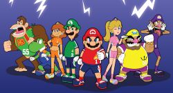 2girls 6+boys absurdres angry black_eyes blonde_hair blowing_kiss blue_eyes breasts brown_hair donkey_kong_(series) green_eyes hand_on_own_hip heart highres incredibly_absurdres legs lipstick looking_at_viewer luigi makeup mario mario_(series) mario_strikers_(series) midriff multiple_boys multiple_girls navel nintendo one_eye_closed pink_lips ponytail princess princess_daisy princess_peach serious short_hair shorts small_breasts smile soccer_uniform sportswear super_mario_strikers thighs waluigi wario wink yoshi