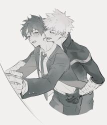 2boys bakugou_katsuki blush boku_no_hero_academia commentary_request freckles greyscale hand_on_another&#039;s_hip long_sleeves looking_at_another lycik_98 male_focus midoriya_izuku monochrome multiple_boys necktie open_mouth pants short_hair spiked_hair standing teeth upper_teeth_only yaoi