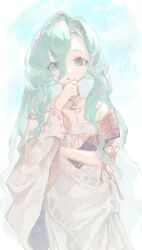 1girl 37_(reverse:1999) 6e6u :o ancient_greek_clothes aqua_background aqua_eyes aqua_hair armlet bare_shoulders breasts character_name greco-roman_clothes hair_between_eyes hand_on_own_chin hand_up highres jewelry long_hair medium_breasts off_shoulder reverse:1999 solo toga upper_body very_long_hair white_background