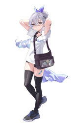 absurdres alternate_costume bag bandaid bandaid_on_leg black_shoes black_shorts black_thighhighs blue_hair breasts colored_inner_hair commentary_request drill_hair full_body grey_eyes grey_hair highres honkai:_star_rail honkai_(series) jewelry long_hair multicolored_hair necklace senbonsang shirt shoes shorts shoulder_bag silver_wolf_(honkai:_star_rail) simple_background small_breasts thighhighs thighs two-tone_hair white_background white_shirt