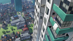 1girl apartment balcony bird building city cityscape condenser_unit day door dress highres industrial_pipe masuki original outdoors pigeon purple_hair rooftop scenery skyscraper sleeveless sleeveless_dress tree white_dress wide_shot window