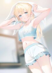 1girl aqua_eyes armpits bare_shoulders blonde_hair casual collarbone crop_top drying drying_hair drying_own_hair hair_between_eyes highres hololive kazama_iroha long_hair midriff navel ryuya shorts sleepwear solo towel towel_on_head virtual_youtuber