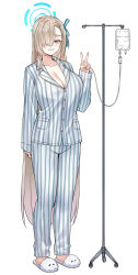 1girl absurdres asuna_(blue_archive) blonde_hair blue_archive blue_eyes blush bow bowtie breasts cleavage hair_over_one_eye halo helandyck highres intravenous_drip large_breasts long_hair looking_at_viewer mole mole_on_breast pajamas sick smile solo traditional_bowtie very_long_hair