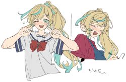1girl aqua_hair blonde_hair blush closed_eyes dayama green_eyes highres looking_at_viewer multicolored_hair multiple_views nijisanji one_eye_closed open_mouth ponytail red_shirt shirt simple_background smile solo tachitsute_toto teeth two-tone_hair upper_body upper_teeth_only white_background white_shirt