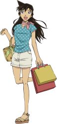 1girl :d anime_coloring bag black_hair blue_shirt brown_sandals full_body highres holding holding_bag long_hair looking_at_viewer meitantei_conan mouri_ran official_art open_mouth paper_bag pink_scarf polka_dot polka_dot_shirt purple_eyes sandals scarf shirt short_sleeves shorts simple_background smile solo standing standing_on_one_leg transparent_background white_shorts