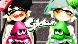 +_+ 2girls bad_id bad_pixiv_id biikii black_hair blush brown_eyes callie_(splatoon) callie_(squid_sisters_outfit)_(splatoon) closed_eyes copyright_name earrings fangs food food_on_head gloves grey_hair gun holding inkling jewelry long_hair looking_at_another marie_(splatoon) marie_(squid_sisters_outfit)_(splatoon) mole mole_under_eye multiple_girls nintendo object_on_head open_mouth paint paint_roller pointy_ears smile splatoon_(series) splatoon_1 squid super_soaker upper_body weapon white_gloves