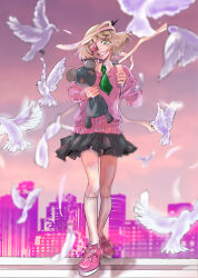 Rule 34 | 1girl, absurdres, bag, bandaged head, bandages, bird, bird request, black horns, black skirt, blonde hair, blunt bangs, cellphone, cityscape, collared shirt, crying, crying with eyes open, eyepatch, falling feathers, feathers, flying teardrops, green neckerchief, green skirt, grin, highres, holding, holding bag, horns, imminent jump, imminent suicide, ktakaprotokirito, long sleeves, looking at viewer, miniskirt, neckerchief, on rooftop, phone, phone eyepatch, pink shoes, pink sweater, pleated skirt, puffy sleeves, ruru (shinsei kamattechan), sharp teeth, shinsei kamattechan, shirt, shoes, short hair, single horn, skirt, smile, sneakers, socks, strangling, stuffed animal, stuffed mouse, stuffed toy, sweater, tearing up, tears, teeth, thighs, urban, white shirt, white socks