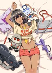 1girl absurdres black_hair crop_top dark-skinned_female dark_skin genderswap genderswap_(mtf) highres jetfire komagoma kotobukiya kotobukiya_bishoujo looking_at_viewer megatron navel panties pillow ravage_(transformers) red_eyes shockwave_(transformers) short_hair shorts smile starscream starscream_(kotobukiya_bishoujo) tongue tongue_out toy transformers transformers:_generation_1 underwear