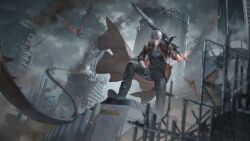1boy belt black_gloves blue_eyes closed_mouth coat dante_(devil_may_cry) devil_may_cry_(series) devil_may_cry_5 devil_sword_dante facial_hair fingerless_gloves gloves highres holding holding_weapon jacket male_focus official_art pants punishing:_gray_raven red_coat short_hair smile solo sword weapon white_hair