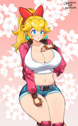 1girl artist_name blonde_hair blue_eyes blue_shorts blush bow breasts brown_gloves cleavage collarbone crop_top cropped_jacket cropped_shirt denim denim_shorts ear_piercing earrings fingerless_gloves floral_background gloves hair_bow hair_ornament high_ponytail highres jacket jarckius jewelry knee_pads large_breasts long_hair looking_at_viewer mario_(series) mario_kart mario_kart_world midriff navel nintendo open_clothes open_jacket open_mouth pearl_earrings piercing pink_background pink_jacket pink_nails ponytail princess_peach princess_peach_(touring) red_bow shirt short_shorts shorts sitting solo sphere_earrings thighs very_long_hair