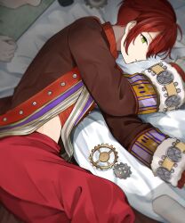 1boy 1other absurdres brown_jacket commentary_request cuilang_(rune_factory) eco_(comochz) from_above fur-trimmed_sleeves fur_trim gears green_eyes hair_between_eyes highres jacket long_sleeves looking_at_viewer lying male_focus on_bed on_side pants profile red_hair red_pants rune_factory rune_factory:_guardians_of_azuma short_hair solo_focus