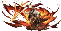 1boy absurdres ascot barding black_boots black_horse black_jacket blonde_hair blue_eyes boots cape collared_shirt crack cracked_floor faux_figurine fire flaming_weapon full_body highres holding holding_polearm holding_reins holding_weapon horseback_riding jacket knight lance lucas_(rememento) male_focus mole mole_under_eye official_art open_mouth pants polearm red_cape reins rememento:_white_shadow riding saddle shirt short_hair solo thigh_boots transparent_background v-shaped_eyebrows weapon white_ascot white_pants white_shirt