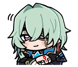 1boy anaxa_(honkai:_star_rail) aqua_hair bkub black_jacket blue_eyes blush_stickers chibi chibi_only closed_mouth commentary earrings english_commentary eyepatch guest_art hair_between_eyes hair_intakes hand_tattoo honkai:_star_rail honkai_(series) jacket jewelry looking_at_viewer male_focus medium_hair motion_lines multiple_rings official_art ring second-party_source simple_background solo tattoo transparent_background