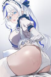 1girl absurdres ahoge aokumo_rin ass blue_eyes blue_hair blue_streaks blush breasts cameltoe center_frills chest_harness cloud_hair_ornament colored_eyelashes colored_inner_hair crop_top elbow_gloves frills from_side gloves hair_intakes harness highres large_breasts long_hair looking_at_viewer looking_back lsssssss maid maid_headdress multicolored_hair no_pants open_mouth panties panty_lift ponytail puffy_short_sleeves puffy_sleeves shirt short_sleeves skindentation solo stellive streaked_hair sweat thighhighs two-tone_hair underwear very_long_hair virtual_youtuber white_eyelashes white_gloves white_hair white_panties white_shirt white_thighhighs