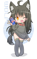 Rule 34 | &gt;;d, 1girl, ;d, animal collar, animal ears, black hair, black hoodie, blue background, collar, english text, fang, female focus, full body, grey thighhighs, highres, hood, hood down, hoodie, long hair, long sleeves, mikeya hiyori, naked hoodie, no pants, one eye closed, open mouth, original, panties, simple background, smile, solo, spray can, tail, thighhighs, two-tone background, underwear, v, v-shaped eyebrows, white background, white panties, wolf ears, wolf tail