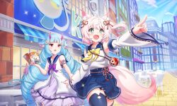 Rule 34 | + +, 2girls, :d, ahoge, animal ear fluff, animal ears, artist request, bell, blue eyes, blue hair, blue skirt, blue thighhighs, blunt bangs, book, bow, bowtie, city, cowboy shot, delmin (show by rock!!), detached sleeves, dress, drill hair, fox ears, fox girl, fox tail, frilled skirt, frills, hair bell, hair ornament, holding, holding another&#039;s wrist, holding book, horns, howan (show by rock!!), jewelry, lens flare, long hair, multiple girls, official art, open mouth, outdoors, outstretched arm, pendant, pink hair, pink horns, pointing, pointing forward, purple bow, purple bowtie, purple skirt, red eyes, road, sailor collar, shirt, short hair, show by rock!!, side ponytail, skirt, sleeveless, sleeveless shirt, smile, sparkle, street, sweatdrop, tail, thighhighs, third-party source, white dress, white shirt, yellow bow, yellow bowtie