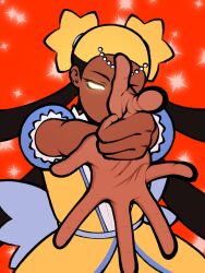1girl afro_puffs aika_(kiana_mai) blonde_hair dark-skinned_female dark_skin dreamscreep dress eyelashes finger_gun foreshortening glowing glowing_eyes highres i_don&#039;t_want_to_be_a_magical_girl light-skinned_palms magical_girl multicolored_hair pointing pointing_at_viewer solo sparkle_background star-shaped_hair star_guardian:_guardian_of_the_stars two-tone_hair very_dark_skin