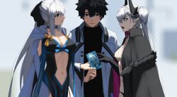 1boy 2girls black_bow black_cloak black_hair black_hands blue_eyes body_markings bow braid breasts center_opening chaldea_logo chaldea_uniform cleavage cloak clothing_cutout colored_extremities command_spell demon_girl demon_horns dress fate/grand_order fate_(series) fujimaru_ritsuka_(male) fujimaru_ritsuka_(male)_(decisive_battle_chaldea_uniform) green_eyes hair_around_horn hair_bow half_up_braid highres horns jacket large_breasts lilith_(fate) lilith_(second_ascension)_(fate) long_hair long_sleeves morgan_le_fay_(fate) multiple_girls paperpillar pointy_ears ponytail servant_card_(fate/grand_order) short_hair sidelocks stomach_cutout stomach_tattoo tattoo tattoo_between_breasts twintails two-tone_dress white_hair white_jacket