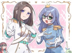 3girls alternate_costume asahi_rokka bang_dream! blue_eyes blue_hair blue_jacket brown_hair crown epaulettes glass gloves glowstick green_eyes hairband hanazono_tae highres holding jacket long_hair looking_at_another looking_at_viewer multiple_girls official_alternate_costume umaa42 wakana_rei white_gloves white_jacket