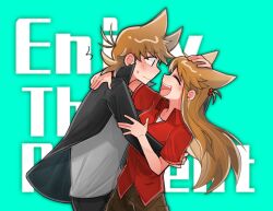 1boy 1girl :d ^_^ antenna_hair aqua_background black_coat black_pants blush breasts brown_pants buwangchuxingaoyixin closed_eyes closed_mouth coat collared_coat collared_shirt commentary cowboy_shot dual_persona ear_blush eddsworld english_text face-to-face facing_another from_side grey_shirt hair_bobbles hair_horns hair_ornament hand_on_another&#039;s_arm hand_on_another&#039;s_head hetero highres long_hair looking_at_another one_side_up open_clothes open_coat open_mouth pants profile red_shirt selfcest shirt short_hair simple_background small_breasts smile standing sweatdrop symbol-only_commentary tord_(eddsworld) tori_(eddsworld) white_shirt