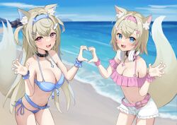 2girls alternate_costume animal_ear_fluff animal_ears bandaid bandaid_hair_ornament bare_shoulders beach belt bikini bikini_under_shorts blonde_hair blue_belt blue_bikini blue_eyes blue_hair blue_nails blue_scrunchie blue_sky blush breasts claw_pose cleavage collarbone dog_ears dog_girl dog_tail front-tie_bikini_top front-tie_top fuwawa_abyssgard hair_ornament hairclip headphones heart heart_hands heart_hands_duo highres hololive hololive_english horn_hairband large_breasts long_hair looking_at_viewer medium_breasts mococo_abyssgard multicolored_hair multiple_girls navel open_mouth parallel_hairclips pink_belt pink_bikini pink_eyes pink_hair pink_nails pink_scrunchie scrunchie short_hair short_shorts shorts siblings side-tie_bikini_bottom sisters sky smile stomach swimsuit taachika tail twins unworn_headphones virtual_youtuber white_shorts wrist_scrunchie x_hair_ornament