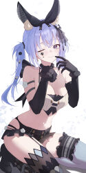 1girl absurdres bare_shoulders black_gloves blue_eyes blue_hair blush bow breasts cleavage crossed_bangs elbow_gloves gloves highres idolmaster idolmaster_shiny_colors large_breasts long_hair looking_at_viewer midriff navel sitting skirt smile solo sukaliya suzuki_hana thighhighs thighs twintails